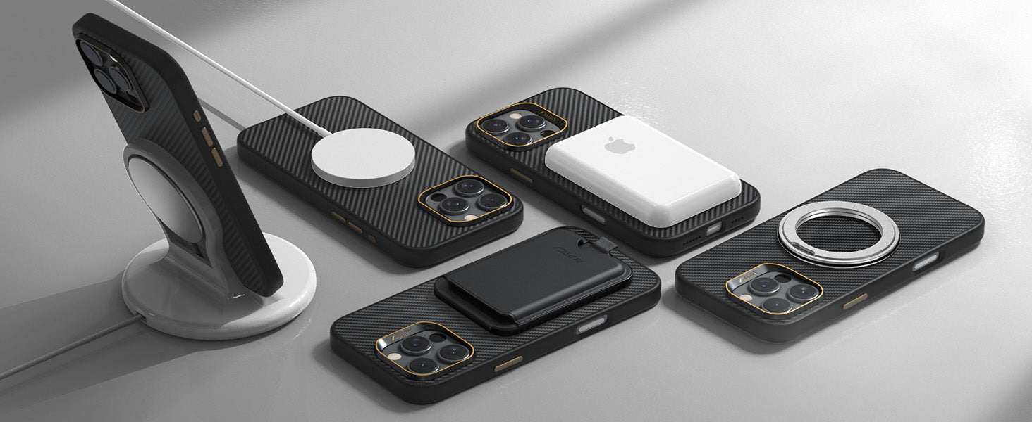 Five black, carbon-fiber patterned iPhones with modular magnetic accessories—chargers, stands, and wallets—are displayed on a light gray surface with soft shadows, highlighting sleek, modern design.