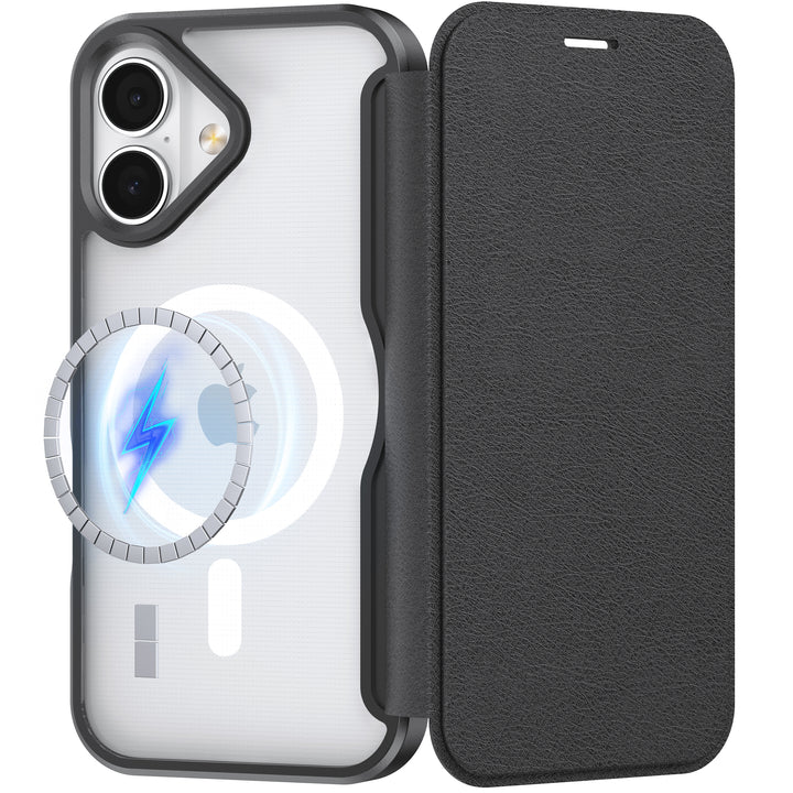 The MobileTechnica iPhone 17 Folio Wallet Case - Raptic Air Folio features a black case with a clear back revealing MagSafe magnet rings, two rear cameras, a blue lightning symbol for wireless charging, and an open front flap with magnetic buckle.