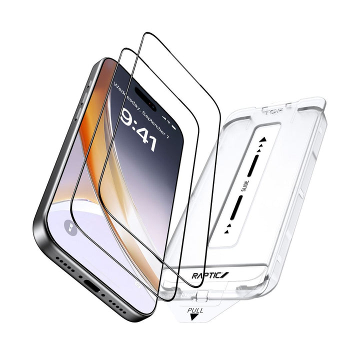 An exploded view displays an iPhone 17 with two Raptic Air Glass screen protectors and a clear military-grade case, each layer floating above. The display reads 9:41, and the case shows arrows and "PULL.
