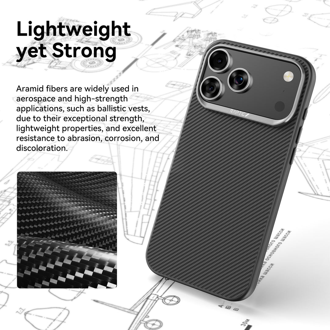 The Raptic Aramid 600D iPhone 17 Aramid Fibre Case in black is displayed on a technical blueprint. An inset shows its carbon-like fiber texture. Text highlights its lightweight, strong build and MagSafe compatibility.