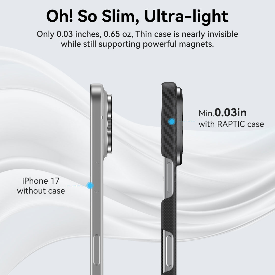 Compare the iPhone 17 with and without the Raptic Geotik Aramid Fibre Case. This ultra-slim, MagSafe compatible case from Raptic adds just 0.03 inches of thickness while offering advanced lightweight protection.