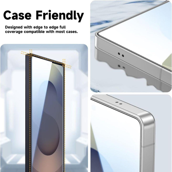 A graphic shows the MobileTechnica Samsung Galaxy S25 Ultra Screen Protector (2-pack) with edge-to-edge tempered glass. Images highlight its slim, dustproof fit, compatible with most cases. Text: “Case Friendly - Full coverage for most cases.”.