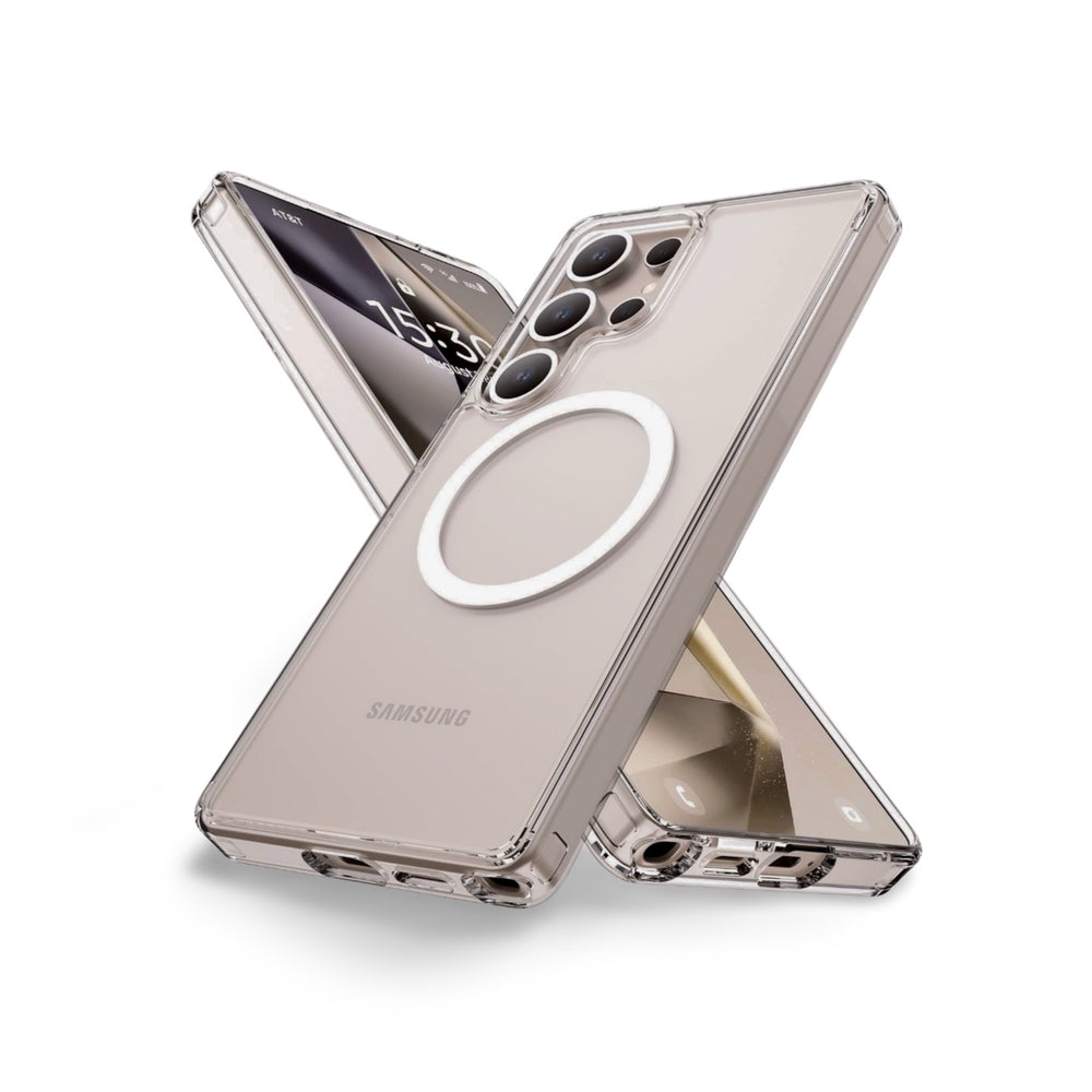 Two Samsung S25 smartphones in clear Raptic Crystal MagSafe cases are crossed in an X. The front phone highlights the large MagSafe-compatible ring; the back phone shows its display, both set against a white background. Brand: Raptic.