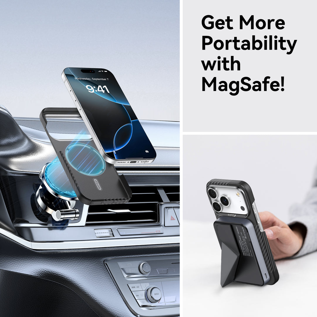 A Raptic Geotik iPhone 17 Aramid Fibre Case attaches to a car vent mount. On the right, a hand holds a phone with a MagSafe wallet stand. Bold text: "Get More Portability with MagSafe!" appears on a white background.