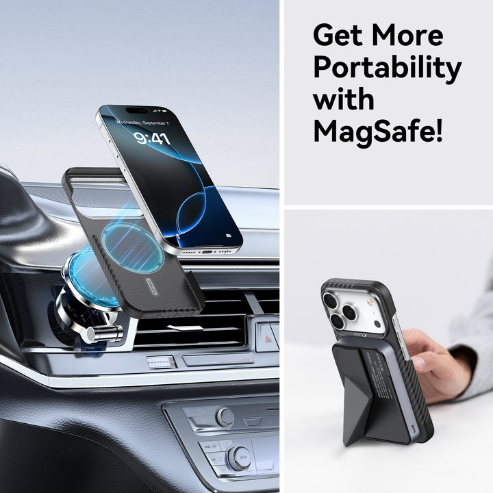 A Raptic Geotik iPhone 17 Aramid Fibre Case attaches to a car vent mount. On the right, a hand holds a phone with a MagSafe wallet stand. Bold text: "Get More Portability with MagSafe!" appears on a white background.
