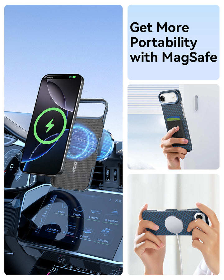 The Raptic iPhone 17 Aramid Fibre Case - Skin-Origin is shown on a car vent, in hand, and used horizontally for photos. Text reads “Get More Portability with MagSafe.” Images highlight its MagSafe compatibility and ultra-light, military-grade build.