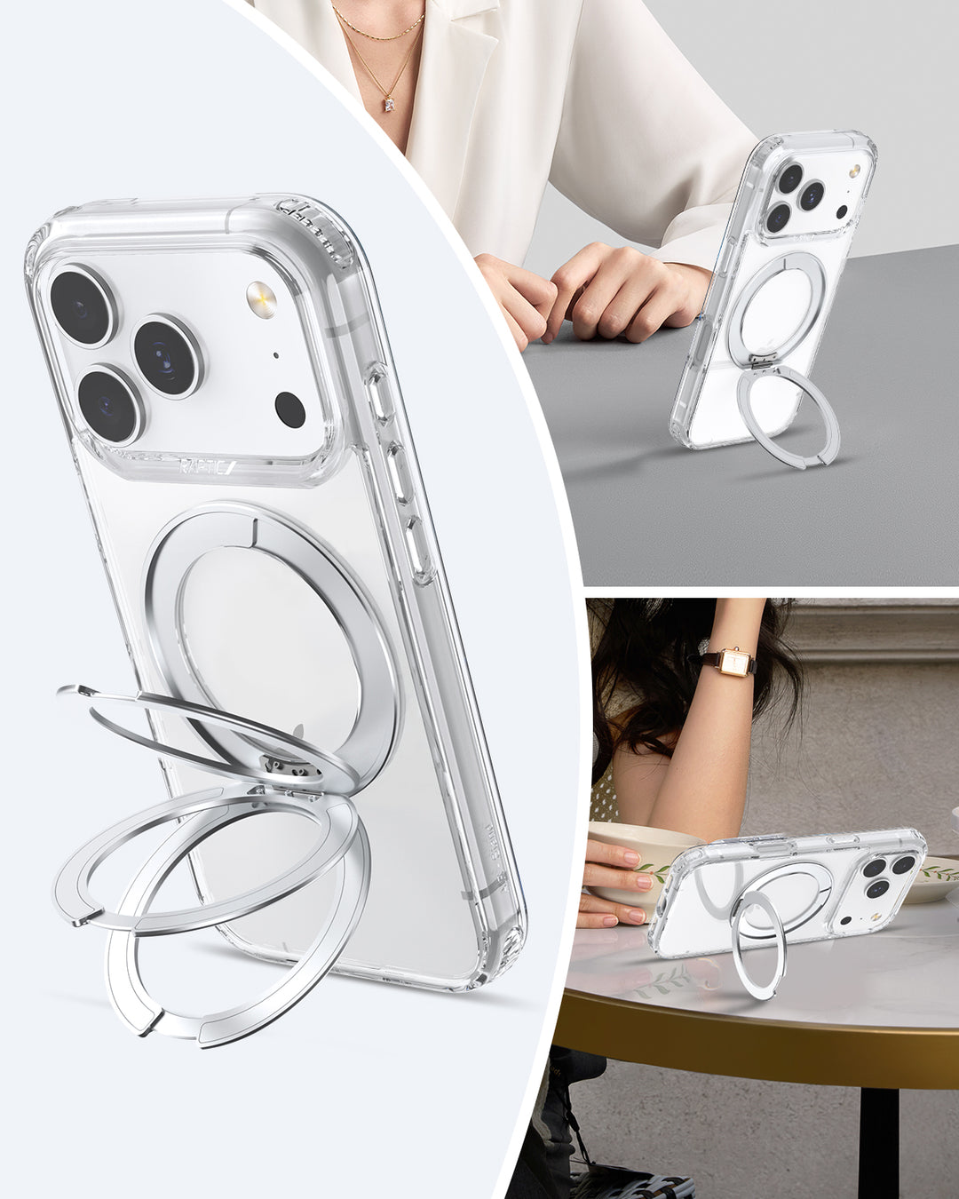 The Raptic Air Stand iPhone 17 Magnetic Kickstand Case features a clear, MagSafe-ready design with a built-in silver metal ring holder that doubles as a kickstand for hands-free viewing and secure grip.