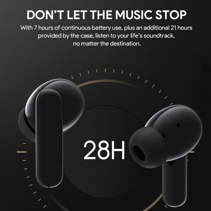 Aukey's Powerful Lightweight Earbuds - AUKEY EP-M1S are shown on a dark background with golden arcs. The text "DON'T LET THE MUSIC STOP" highlights Bluetooth 5.4, 28-hour battery life, and deep bass for immersive listening.