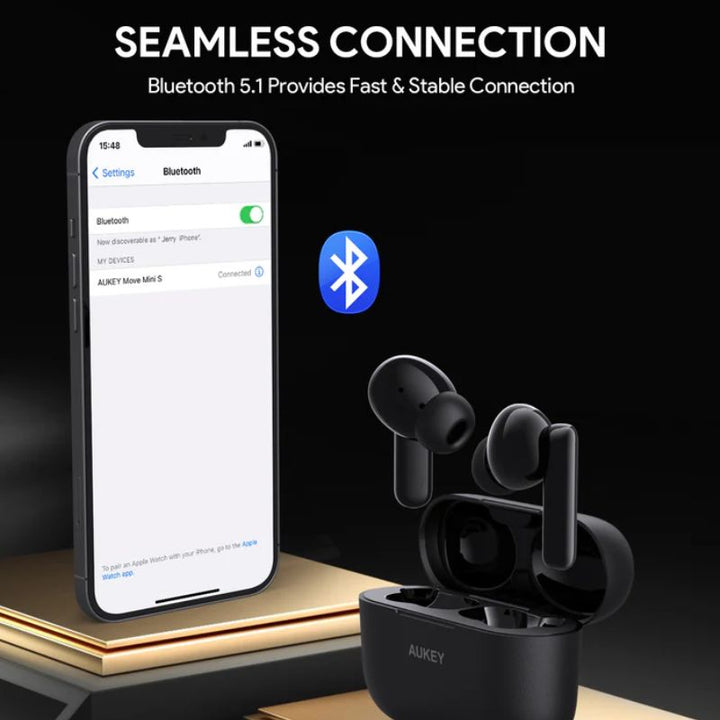 A smartphone displays "Powerful Lightweight Earbuds - AUKEY EP-M1S" connected via Bluetooth 5.4, with black Aukey wireless earbuds above their open case and a Bluetooth icon between them, highlighting seamless pairing and powerful bass.