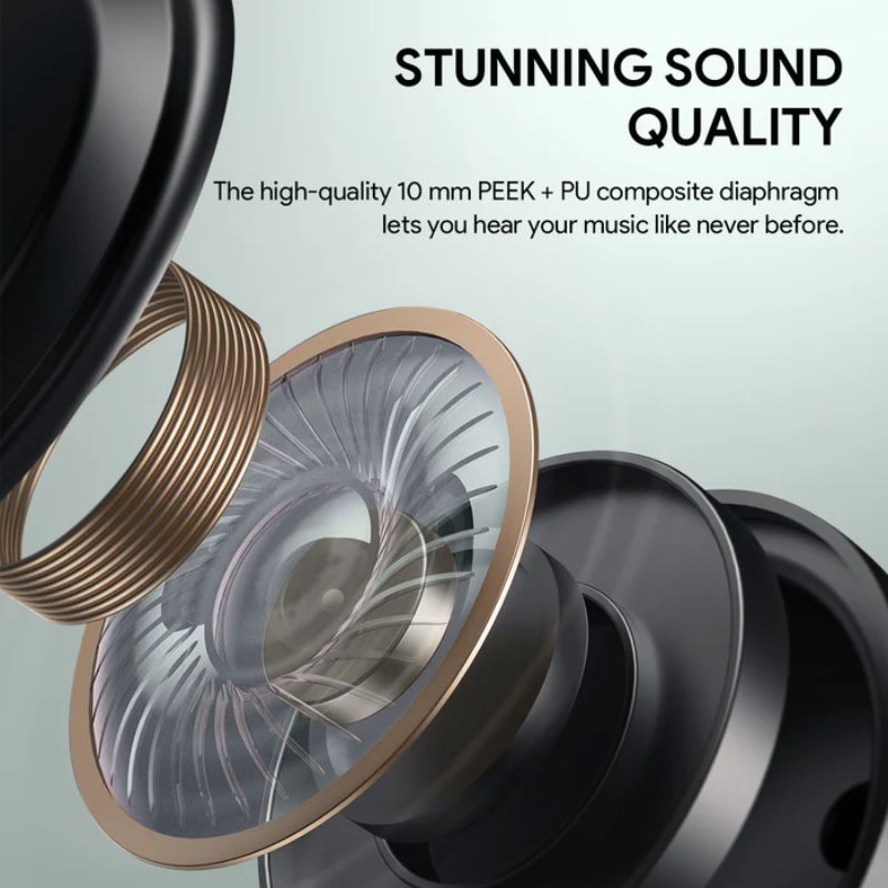 A close-up of the AUKEY EP-M1S earbuds reveals a transparent PEEK + PU diaphragm, copper coil, and black housing. Text: “Stunning sound quality with powerful bass—hear your music like never before with Aukey.”.