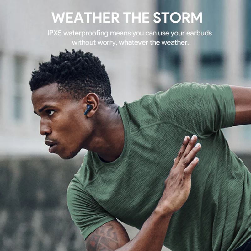 A man in a green athletic shirt and wireless earbuds runs with focus. Text reads: "WEATHER THE STORM. Bluetooth 5.4 & IPX5 waterproofing let you use your Aukey Powerful Lightweight Earbuds - AUKEY EP-M1S worry-free, rain or shine.