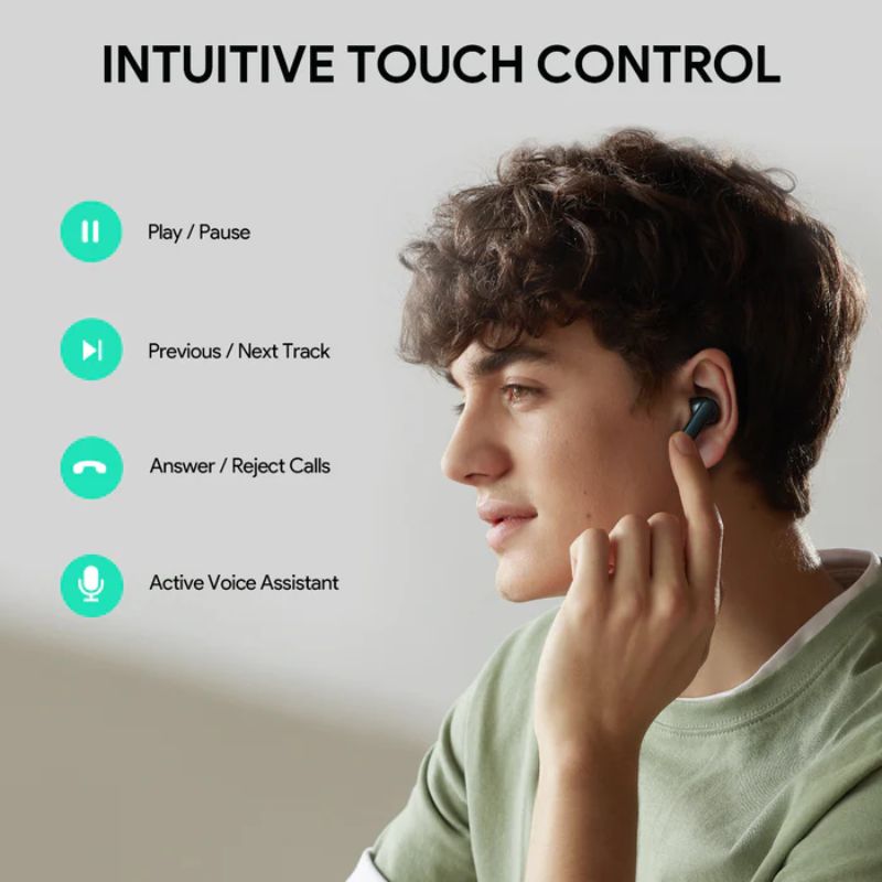 A young man with curly hair touches an AUKEY EP-M1S earbud. Nearby, icons show Play/Pause, Previous/Next Track, Answer/Reject Calls, and powerful bass features. “Intuitive Touch Control” appears above. Brand: Aukey.