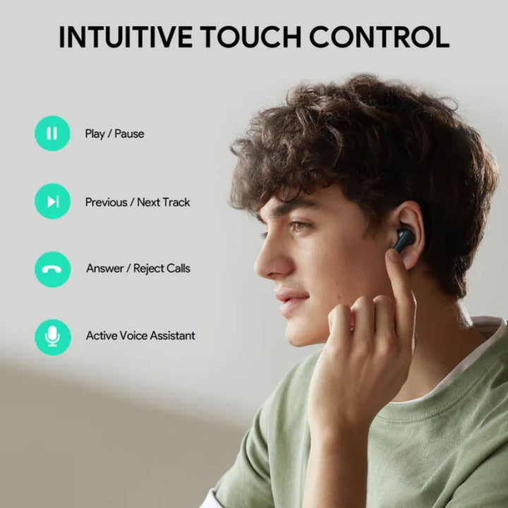 A young man with curly hair touches an AUKEY EP-M1S earbud. Nearby, icons show Play/Pause, Previous/Next Track, Answer/Reject Calls, and powerful bass features. “Intuitive Touch Control” appears above. Brand: Aukey.