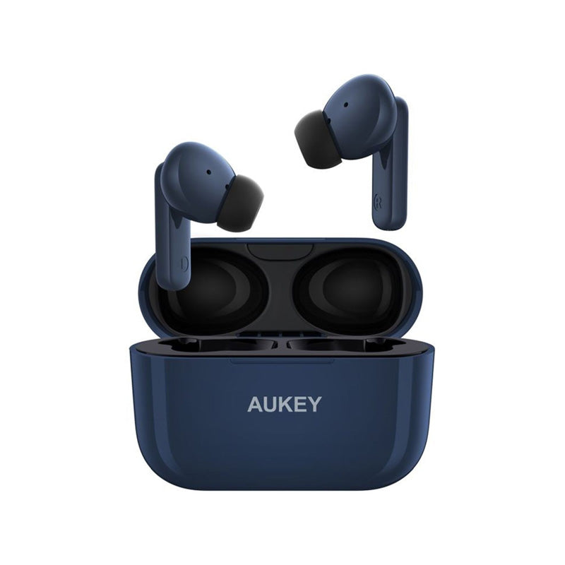 A pair of AUKEY EP-M1S Powerful Lightweight Earbuds in dark blue with black ear tips hovers above an open "AUKEY" branded charging case. Featuring Bluetooth 5.4, both earbuds and case are set against a plain white background.