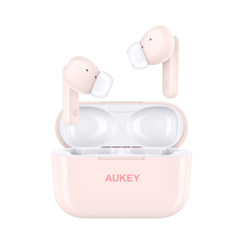 A pair of light pink AUKEY EP-M1S wireless earbuds with powerful bass are shown—one floating, the other in an open glossy case featuring the Aukey logo on the front.