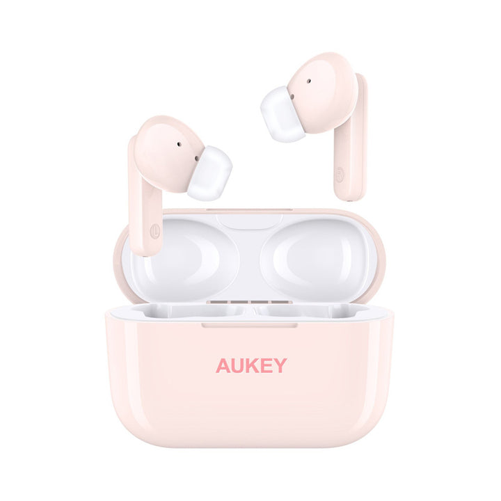 A pair of light pink AUKEY EP-M1S wireless earbuds with powerful bass are shown—one floating, the other in an open glossy case featuring the Aukey logo on the front.