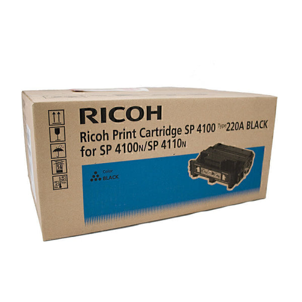 A brown Ricoh box labeled "Ricoh SP4100 220A Printer Toner Black for SP 4100N/SP 4110N," features Ricoh branding, black text, shipping symbols, and an image of a genuine Ricoh toner cartridge on the front.