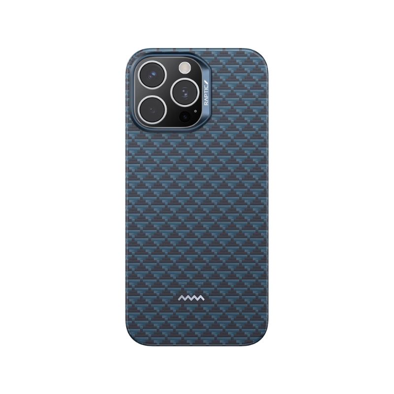 The Raptic Aramid Fibre Skin for iPhone 16 Pro features a blue and black carbon fiber design with a geometric pattern, MagSafe compatibility, military-grade protection, and a white zigzag logo at the bottom. Shown on a plain white background.