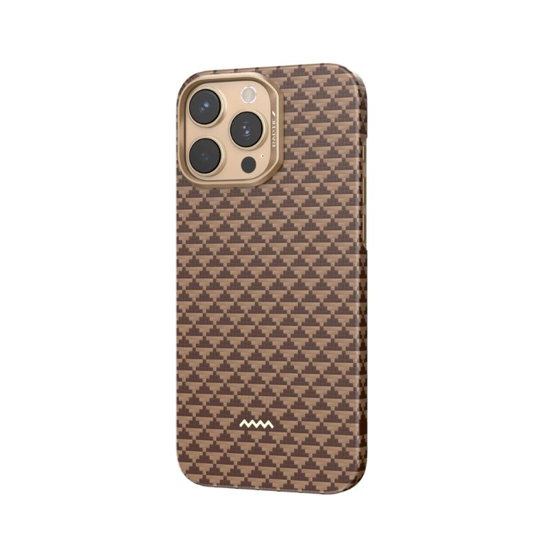 The Raptic Aramid Fibre Skin for iPhone 16 Pro features a gold finish and triple cameras, protected by a super strong MagSafe Ready case with a brown and tan geometric zigzag pattern and a white zigzag logo, shown on a plain white background.