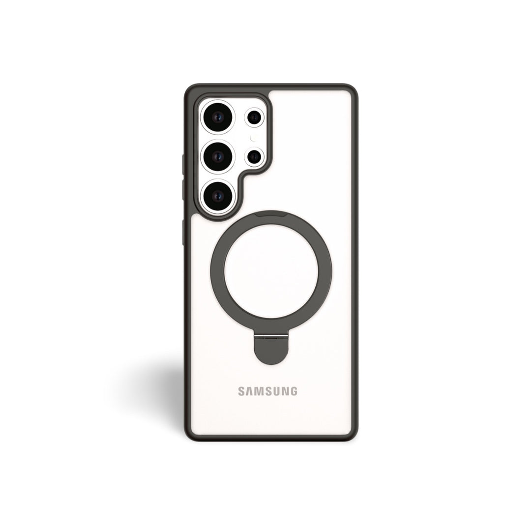 The RAPTIC Samsung S25 Stand Case - Raptic Air Stand is a clear case with black edges and a large circular MagSafe-compatible ring, designed for the Samsung S25, featuring four rear cameras and "SAMSUNG" printed at the bottom.