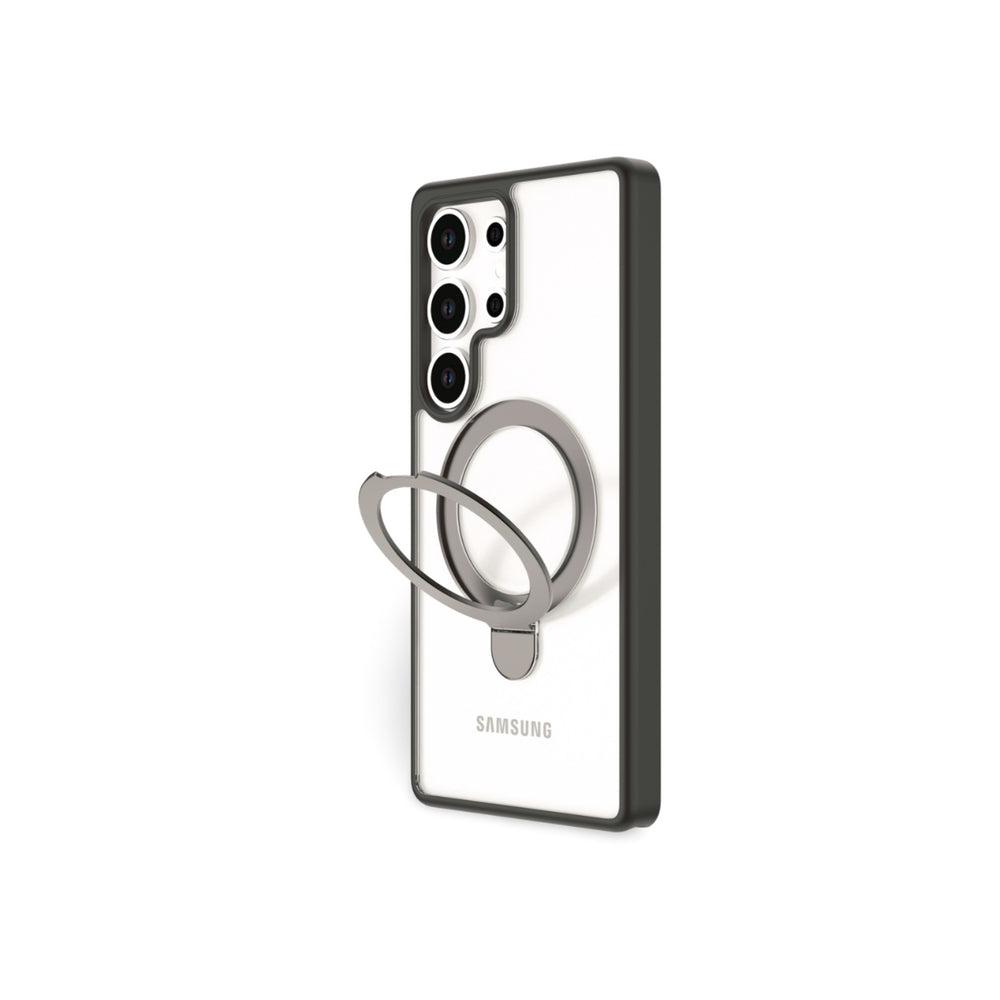 A Samsung S25 is shown upright in a RAPTIC Air Stand case, displaying four rear cameras. The clear case features a metallic ring stand, open and angled outward. The background is plain white.