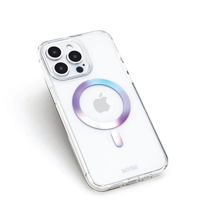 A Bryten by Raptic iPhone 15 MagFx MagSafe Case, featuring a clear design with a circular pattern on the back and an Apple logo, ready for wireless charging.