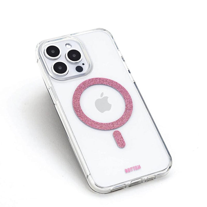 The Bryten by Raptic iPhone 15 MagFx MagSafe Case features a clear design with a pink circular pattern, an Apple logo, and three camera lens cutouts. It provides reliable drop protection and is seamlessly compatible with your MagSafe charger.