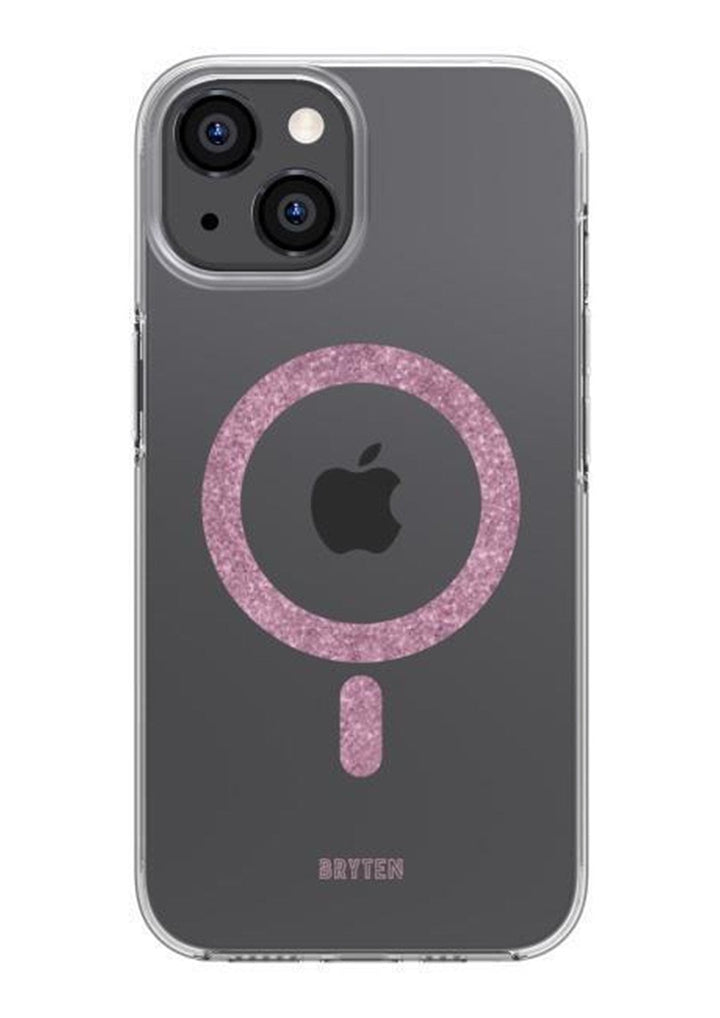 A black iPhone with dual cameras is shown in a transparent Bryten by Raptic iPhone 15 MagFx MagSafe Case featuring a pink glittery MagSafe circle design for wireless charging and the brand name "Bryten" at the bottom.