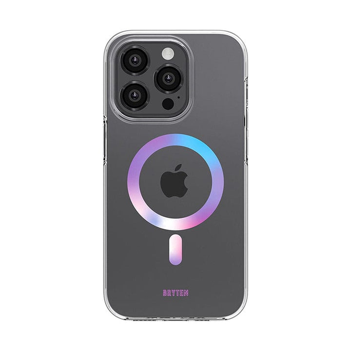 The Bryten by Raptic iPhone 15 MagFx MagSafe Case features a transparent design showcasing a rainbow-colored circular pattern and the Apple logo on the back, while providing excellent drop protection and full compatibility with MagSafe chargers.