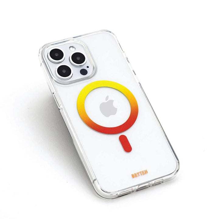 Here’s a rephrased version of the sentence using the provided product data:
The Bryten by Raptic iPhone 15 MagFx MagSafe Case is a clear phone case with a red, yellow, and orange ring around a white Apple logo, designed for a smartphone with a triple camera setup. It features drop protection and is compatible with MagSafe chargers.