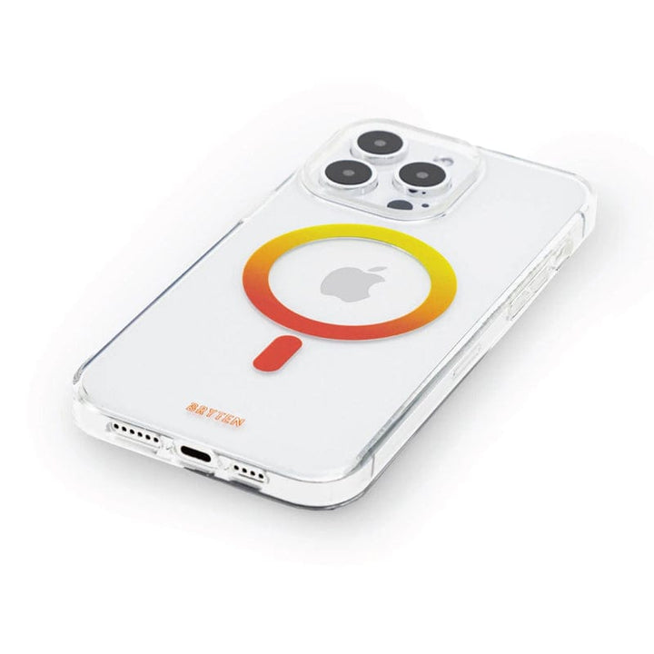 The Bryten by Raptic iPhone 15 MagFx MagSafe Case is adorned with a colorful circular design on the back, fitted onto a white smartphone with three rear cameras, providing drop protection and compatibility with wireless charging.