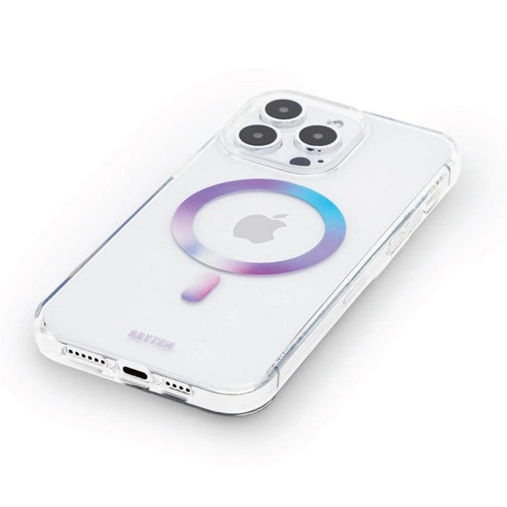 The Bryten by Raptic iPhone 15 MagFx MagSafe Case is a white smartphone accessory with a clear casing that offers drop protection. It features a distinctive rainbow-colored circular design on the back, accommodates three camera lenses, and supports wireless charging.