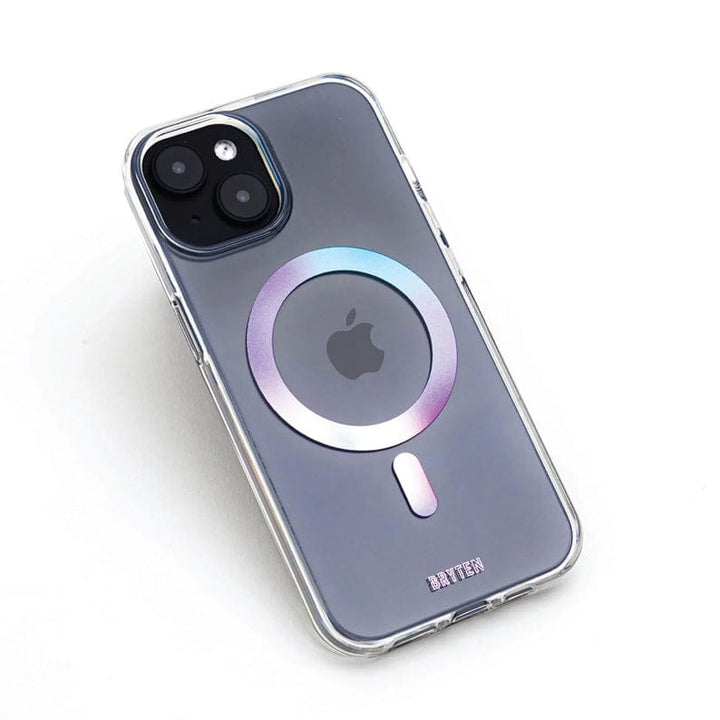 The Bryten by Raptic iPhone 15 MagFx MagSafe Case encloses a smartphone with a dual-lens camera, offering drop protection in a clear design. It features a magnetic ring in the center, making it compatible with MagSafe chargers for seamless wireless charging.