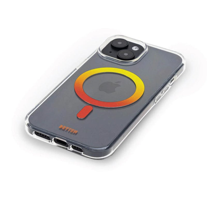 The Bryten by Raptic iPhone 15 MagFx MagSafe Case features a clear design with a prominent circular pattern in yellow and red on the back. The Apple logo remains visible, and the case highlights the phone's dual cameras and bottom ports. It offers drop protection while also supporting wireless charging with a MagSafe charger for added convenience.