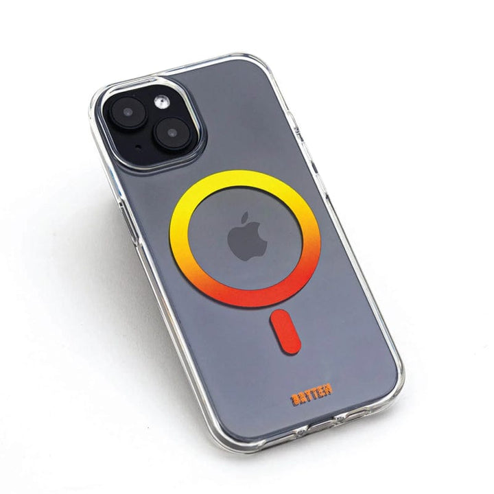 The Bryten by Raptic iPhone 15 MagFx MagSafe Case showcases a circular, colorful MagSafe design on the back of a smartphone, providing wireless charging and drop protection.