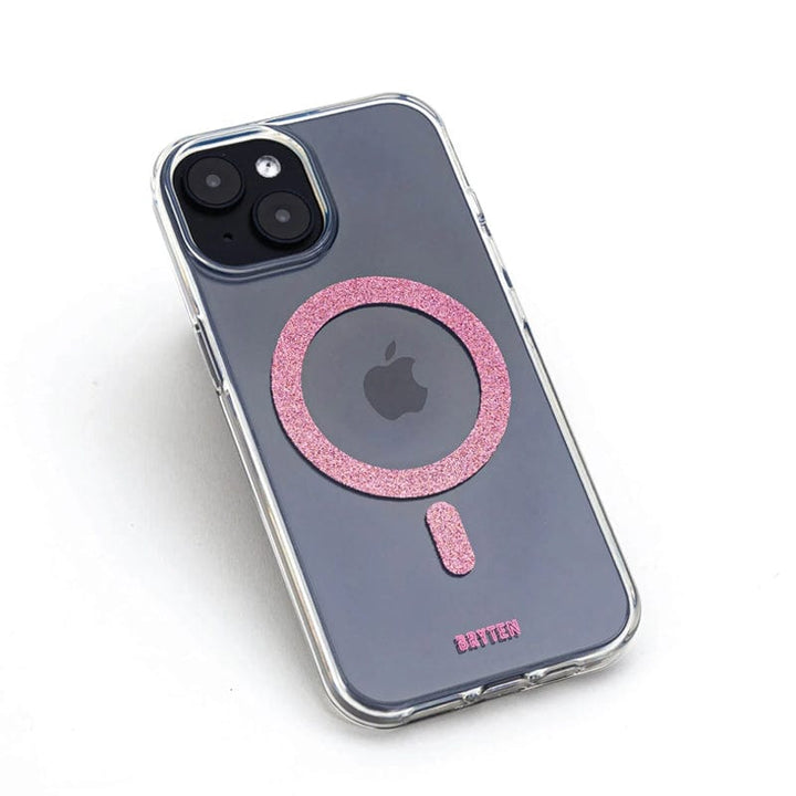 A Bryten by Raptic iPhone 15 MagFx MagSafe Case featuring a transparent design, a pink glitter MagSafe ring for enhanced drop protection, and a subtle "datten" text at the bottom.