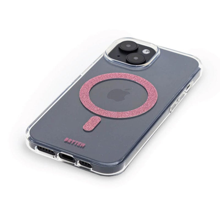 The Bryten by Raptic iPhone 15 MagFx MagSafe Case, offered by Bryten, is a translucent protective case with drop protection for a grey smartphone. It features a dual-camera module, a pink ring, and a small pink rectangle on the back.