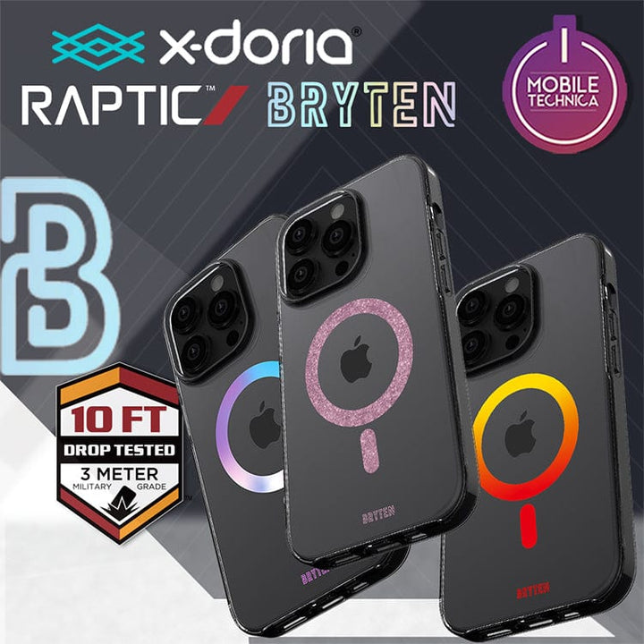 Three Bryten by Raptic iPhone 15 MagFx MagSafe Cases, featuring colorful MagSafe rings and compatibility with wireless charging, are displayed in front of logos for X-Doria, Raptic, Bryten, and Mobile Technica. The cases are labeled as drop-tested to 10 feet (3 meters).