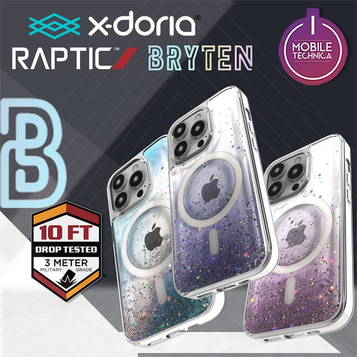Three Bryten by Raptic iPhone 15 Series Starburst MagSafe Cases, showcased in reflective iridescent designs, are displayed against a background featuring the logos of X-Doria, Raptic, Bryten, and Mobile Technica. Icons highlight seamless MagSafe integration alongside 10-foot drop test and 3-meter durability.