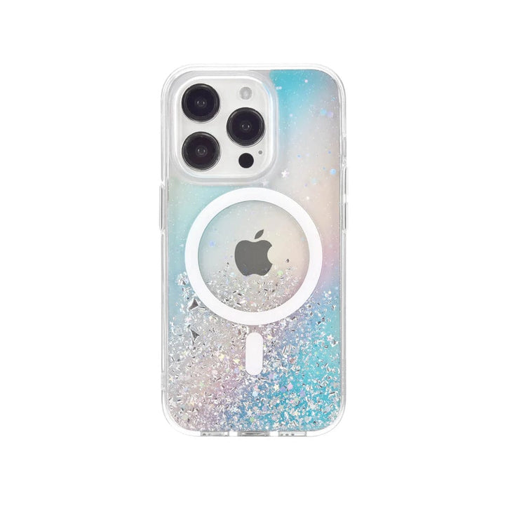 Here's a rewritten sentence using the provided product data:
The Bryten by Raptic iPhone 15 Series Starburst MagSafe Case features a clear, reflective iridescent design with sparkles and a gradient background, showcasing the Apple logo and three camera lenses on the back.