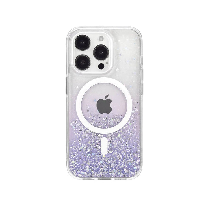 The Bryten by Raptic iPhone 15 Series Starburst MagSafe Case from Bryten is a clear phone case adorned with glitter and a purple gradient. It features a camera cutout, white MagSafe circle, and Apple logo, seamlessly integrating MagSafe technology while boasting a reflective iridescent design that beautifully catches the light.