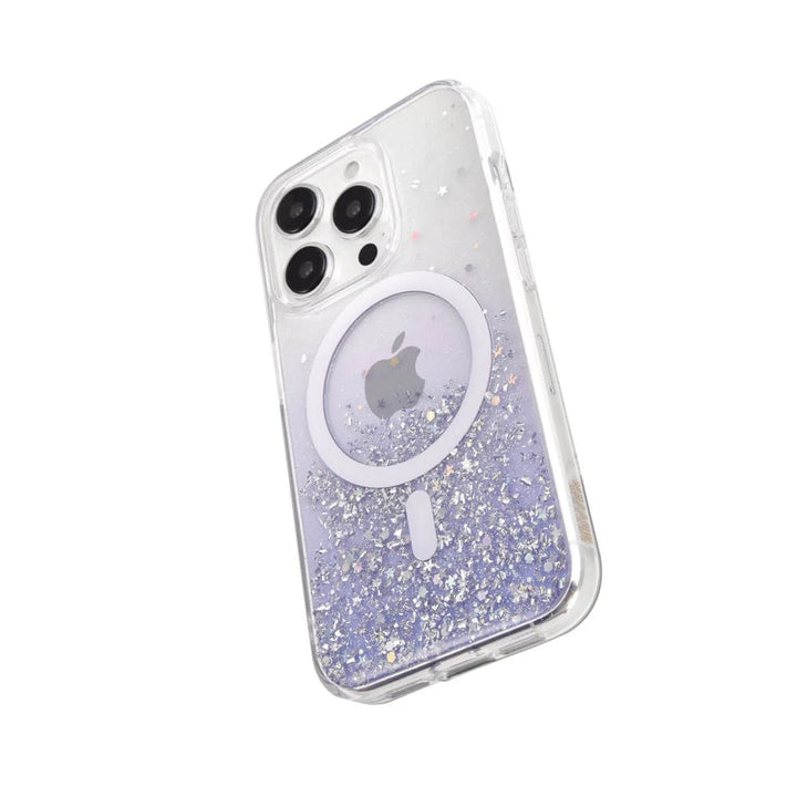 The Bryten by Raptic iPhone 15 Series Starburst MagSafe Case features a clear design with embedded silver glitter and star-shaped confetti, seamless MagSafe integration, a reflective iridescent finish, a visible magnetic ring on the back, and precise cutouts for the cameras.