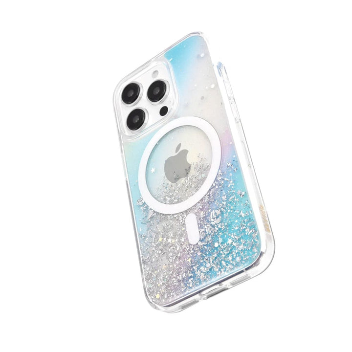 The Bryten by Raptic iPhone 15 Series Starburst MagSafe Case, designed for the iPhone 15 Pro Max, features a gradient pastel color design with silver glitter and a visible Apple logo, seamlessly integrating MagSafe for effortless charging.
