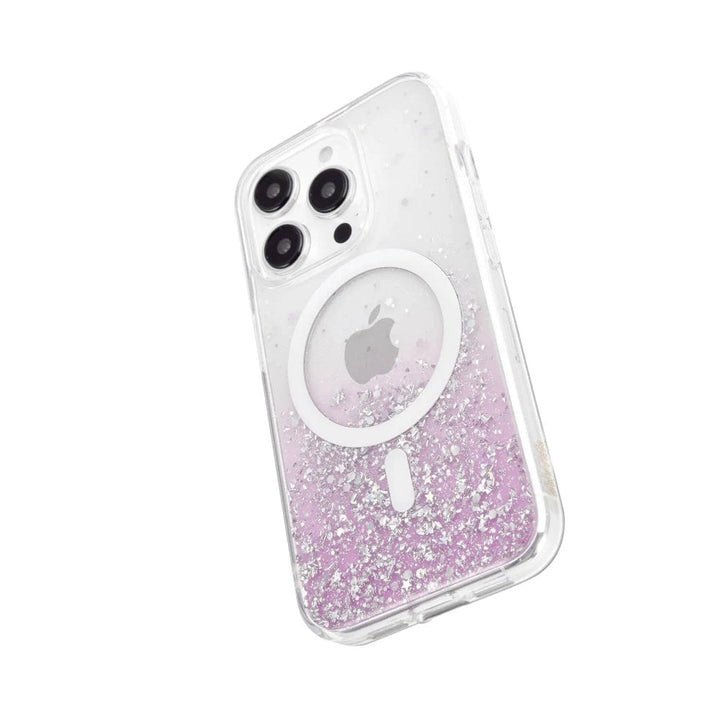 The Bryten by Raptic iPhone 15 Series Starburst MagSafe Case is a clear phone case with silver glitter and a pink gradient, highlighting the back of an iPhone 15 Pro Max with three cameras, an Apple logo, and seamless MagSafe integration.