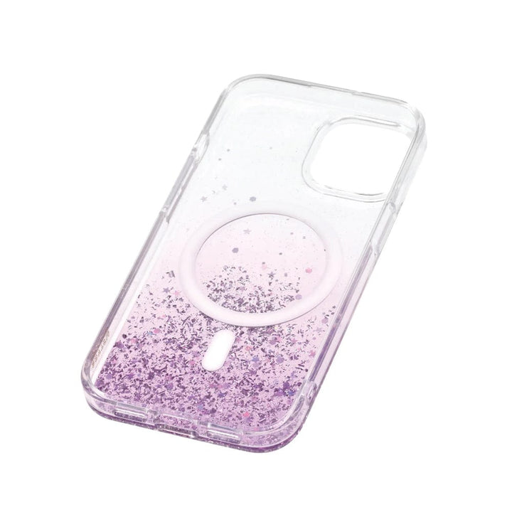 The Bryten by Raptic iPhone 15 Series Starburst MagSafe Case by Bryten is a clear case for the iPhone 15 Pro Max that features a gradient design transitioning from transparent at the top to purple glitter at the bottom. It includes a circular MagSafe charging ring on the back, ensuring seamless MagSafe integration.