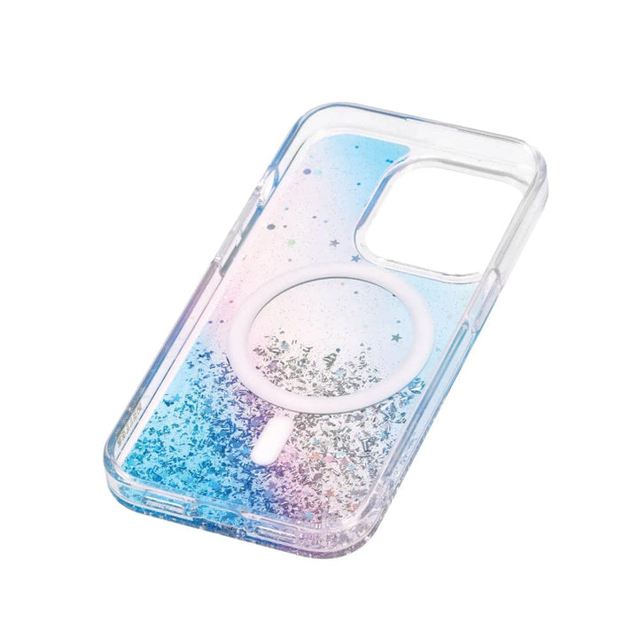 The Bryten by Raptic iPhone 15 Series Starburst MagSafe Case features a clear phone case with a Reflective Iridescent Design, showcasing blue and pink gradient colors along with silver glitter. It includes a built-in circular magnet ring for Seamless MagSafe Integration and is perfectly crafted to meet the needs of the iPhone 15 Pro Max.