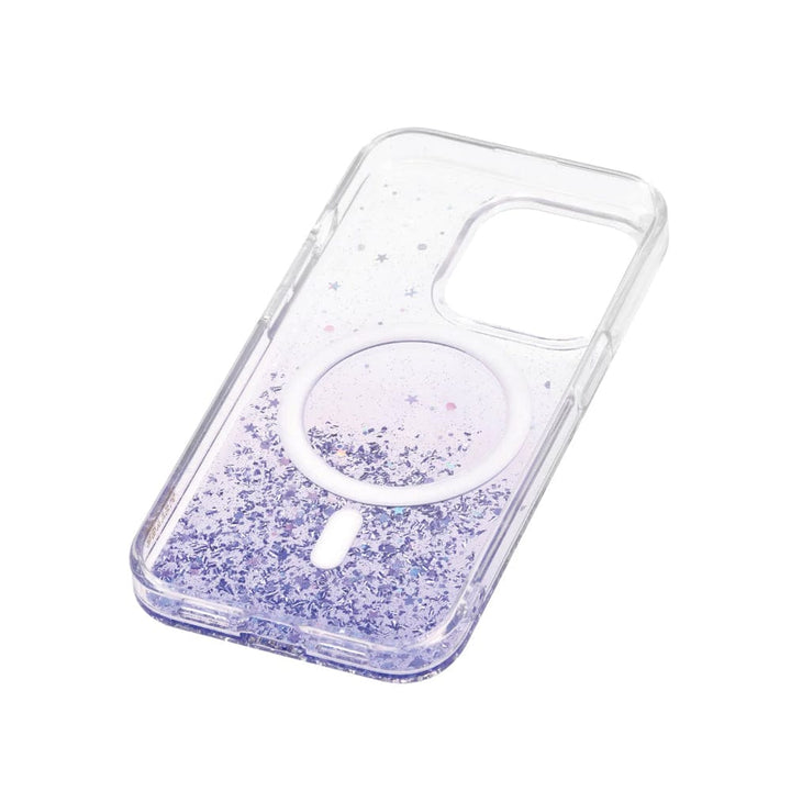 The Bryten by Raptic iPhone 15 Series Starburst MagSafe Case from Bryten is a transparent case with gradient purple glitter and a reflective iridescent design, featuring seamless MagSafe integration around the camera cutout.