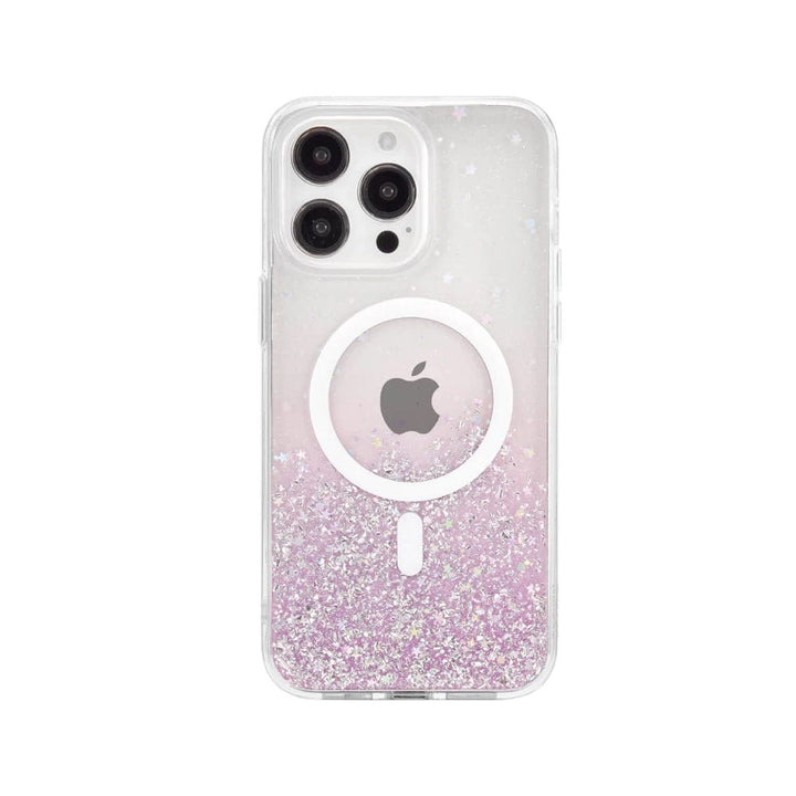 Introducing the Bryten by Raptic iPhone 15 Series Starburst MagSafe Case – a transparent phone case adorned with a glittery pink and silver design, featuring seamless MagSafe integration, perfect for your iPhone 15 Pro Max.