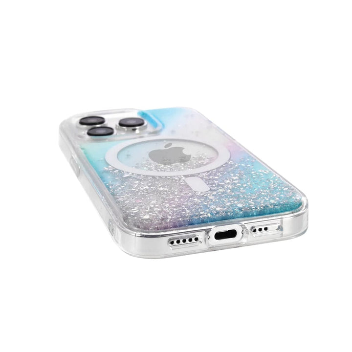 The Bryten by Raptic iPhone 15 Series Starburst MagSafe Case is a glittery, gradient-colored case designed for the iPhone 15 Pro Max. It features precise cutouts for the camera, charging port, and other connectors, along with a partially visible logo on the back and seamless MagSafe integration.