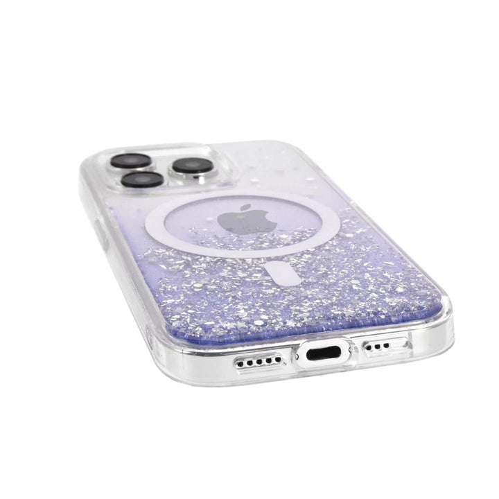 The Bryten by Raptic iPhone 15 Series Starburst MagSafe Case is a clear case with a purple glitter and reflective iridescent design, featuring three camera cutouts and seamless MagSafe integration.